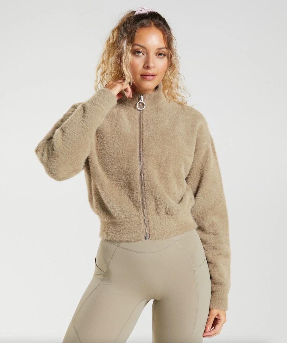 GYMSHARK x WHITNEY SIMMONS Eyelash Knit Jacket Cement Brown Tan Sz M {3W37}